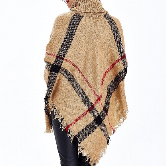 Camel Plaid Chunky Knit Sweater Poncho - Picture 2 of 3